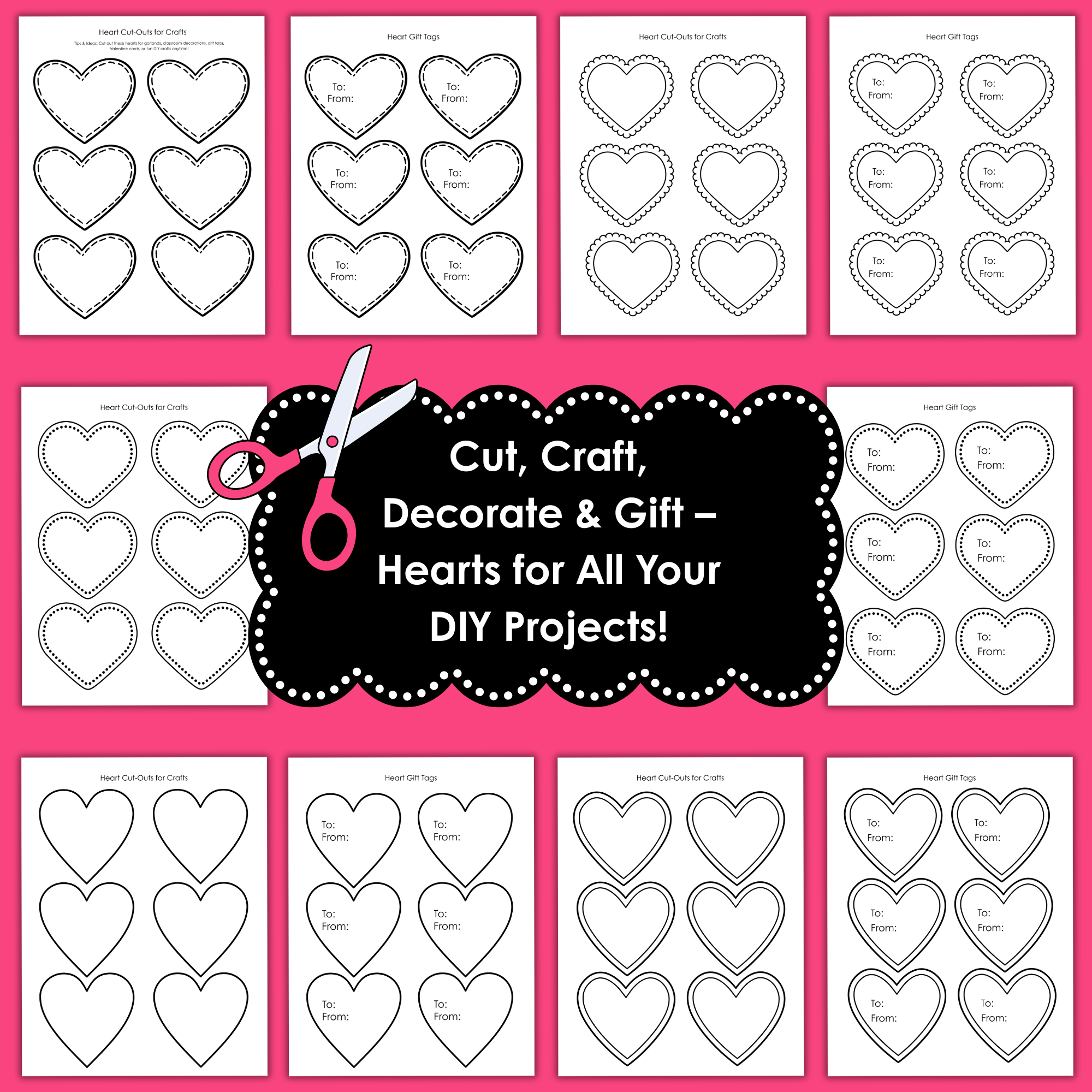 Printable heart cut-outs with tips for using hearts in cards, gifts, garlands, and classroom crafts