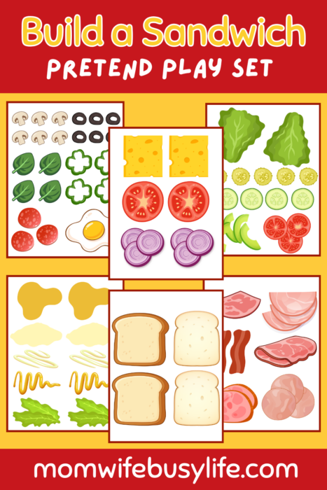 Build a Sandwich pretend play printable set featuring bread, cheese, meats, vegetables, and toppings for kids to cut out, mix, match, and build sandwiches.