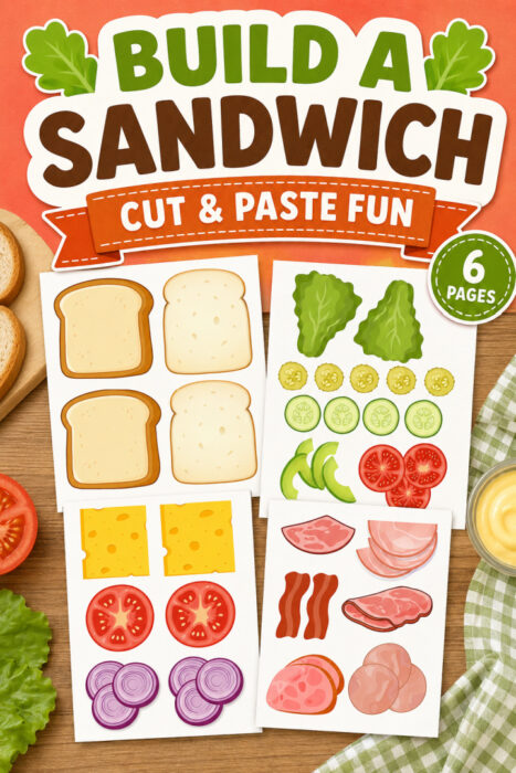Printable Build a Sandwich activity featuring bread, cheese, lettuce, tomato, pickles, meat, and other sandwich toppings for kids to cut out and assemble.
