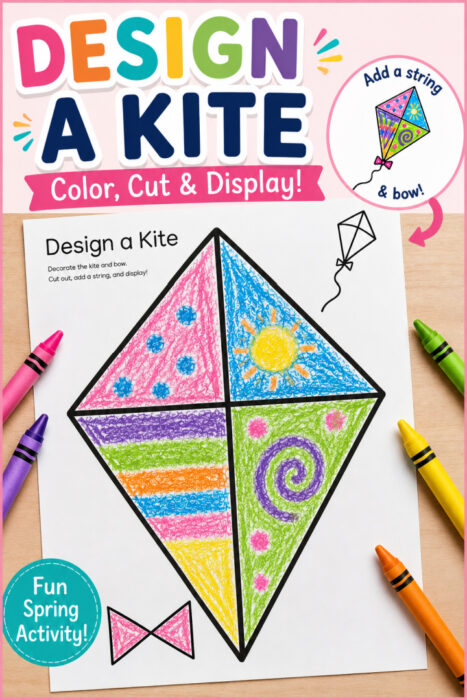 Design a Kite printable activity for kids featuring a colorful crayon-decorated kite template with a cut-out bow, surrounded by crayons and instructions to color, cut, add a string, and display.