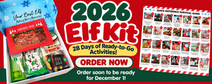 2026 Christmas Elf Kit promotional banner featuring an open holiday activity box, 28 elf activity ideas, and an Order Now button encouraging early orders to be ready for December 1.