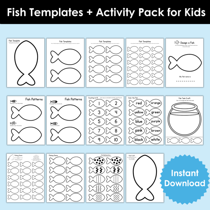 Printable fish templates and fish activities for preschoolers, including blank fish templates, counting, patterns, matching, fishing game, and fish crafts.