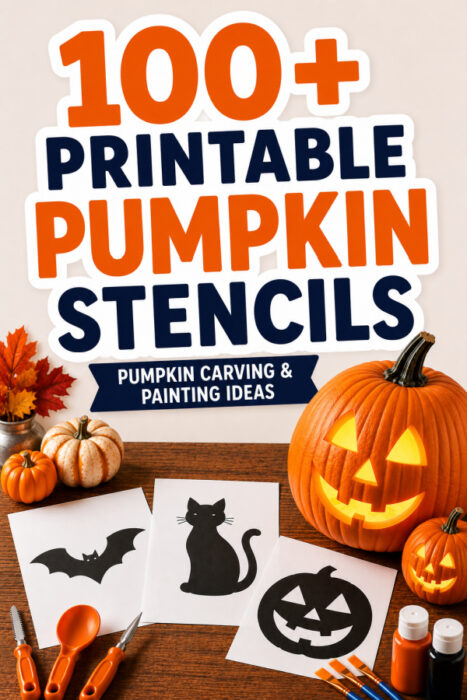 Pinterest pin for 100+ printable pumpkin stencils featuring a large carved jack-o'-lantern, simple bat, cat, and pumpkin stencil templates, pumpkin carving tools, paint supplies, and bold Halloween title text with a white bubble outline.