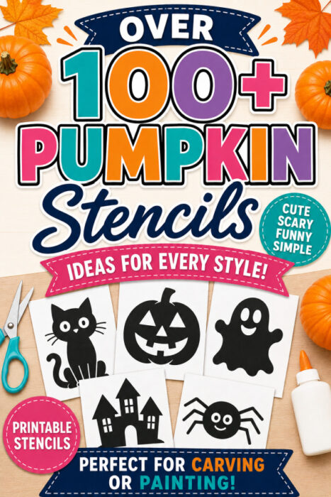 Over 100 pumpkin stencils featuring printable Halloween designs including a cat, jack-o’-lantern, ghost, haunted house, and spider for pumpkin carving and painting.
