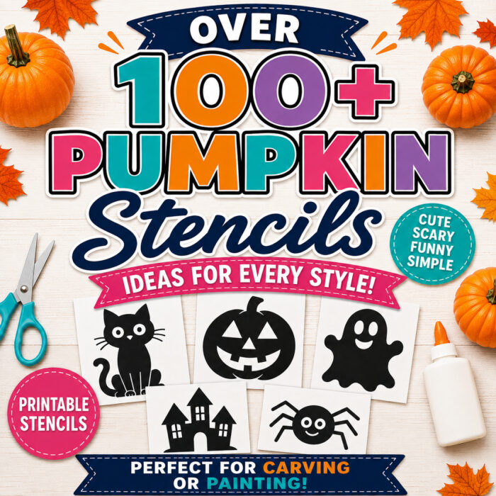100+ printable pumpkin stencils and pumpkin carving ideas featuring simple Halloween designs for kids and families, including a cat, ghost, jack-o’-lantern, haunted house, and spider.
