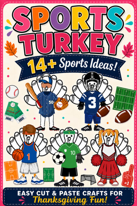 Sports Turkey Disguise Ideas Pinterest pin featuring baseball, football, basketball, soccer, and cheerleader turkey disguises with 14+ sports ideas for Thanksgiving.
