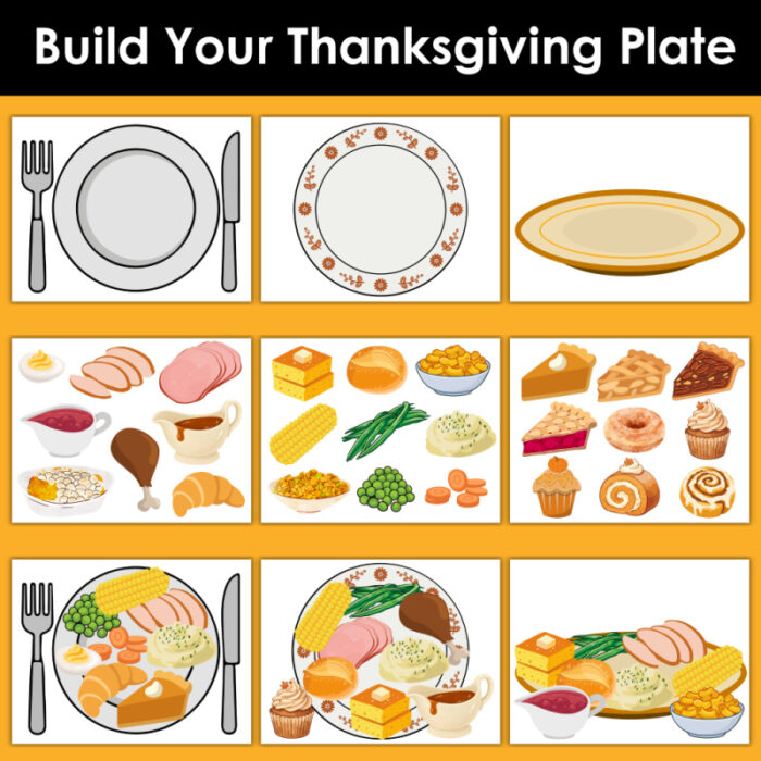 Completed examples of the Build Your Thanksgiving Plate printable with turkey, Thanksgiving side dishes, vegetables, breads, and desserts