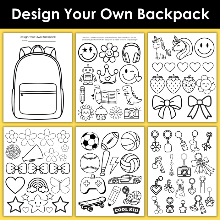 Design Your Own Backpack Printable with color, cut, and paste backpack decorations for a fun back-to-school craft activity.