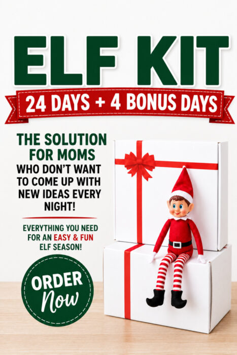 24 Day Elf Kit featuring 24 days plus 4 bonus days of easy Christmas elf ideas and activities for busy moms, displayed with an elf and wrapped gift boxes.