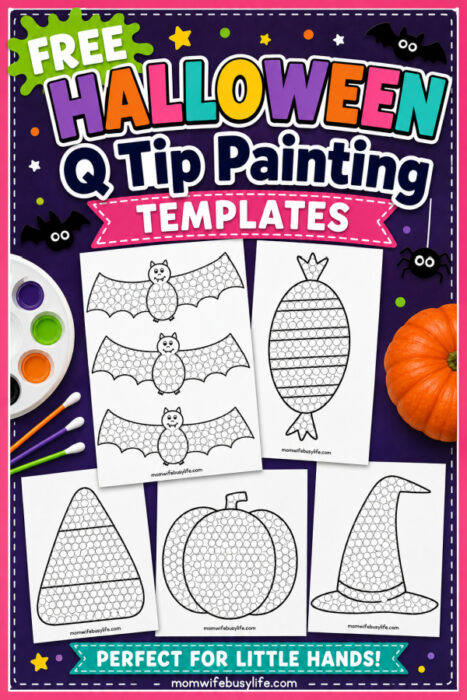 Free Halloween Q Tip Painting Templates for kids featuring printable bat, candy, candy corn, pumpkin, and witch hat dot painting activities for preschool and kindergarten.