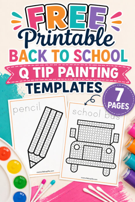 Free Back to School Q Tip Painting Templates for kids featuring pencil and school bus printables from the 7-page cotton swab painting set.