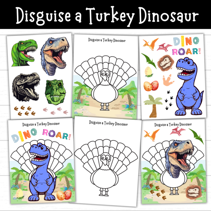 Dinosaur turkey disguise printable with T-Rex designs, dinosaur footprints, eggs, fossils, and turkey templates for a Thanksgiving turkey disguise project.