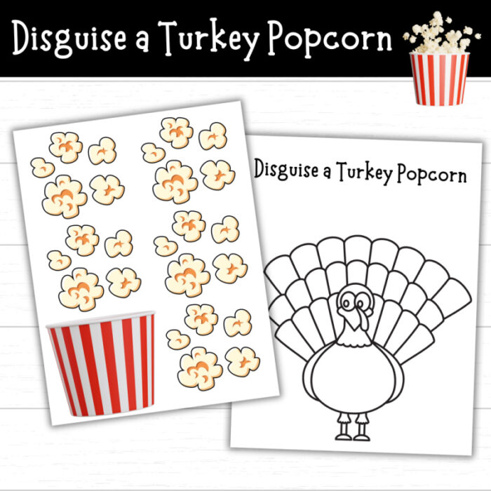 Popcorn turkey disguise printable with popcorn pieces, striped popcorn bucket, and turkey template for a Thanksgiving turkey disguise project.