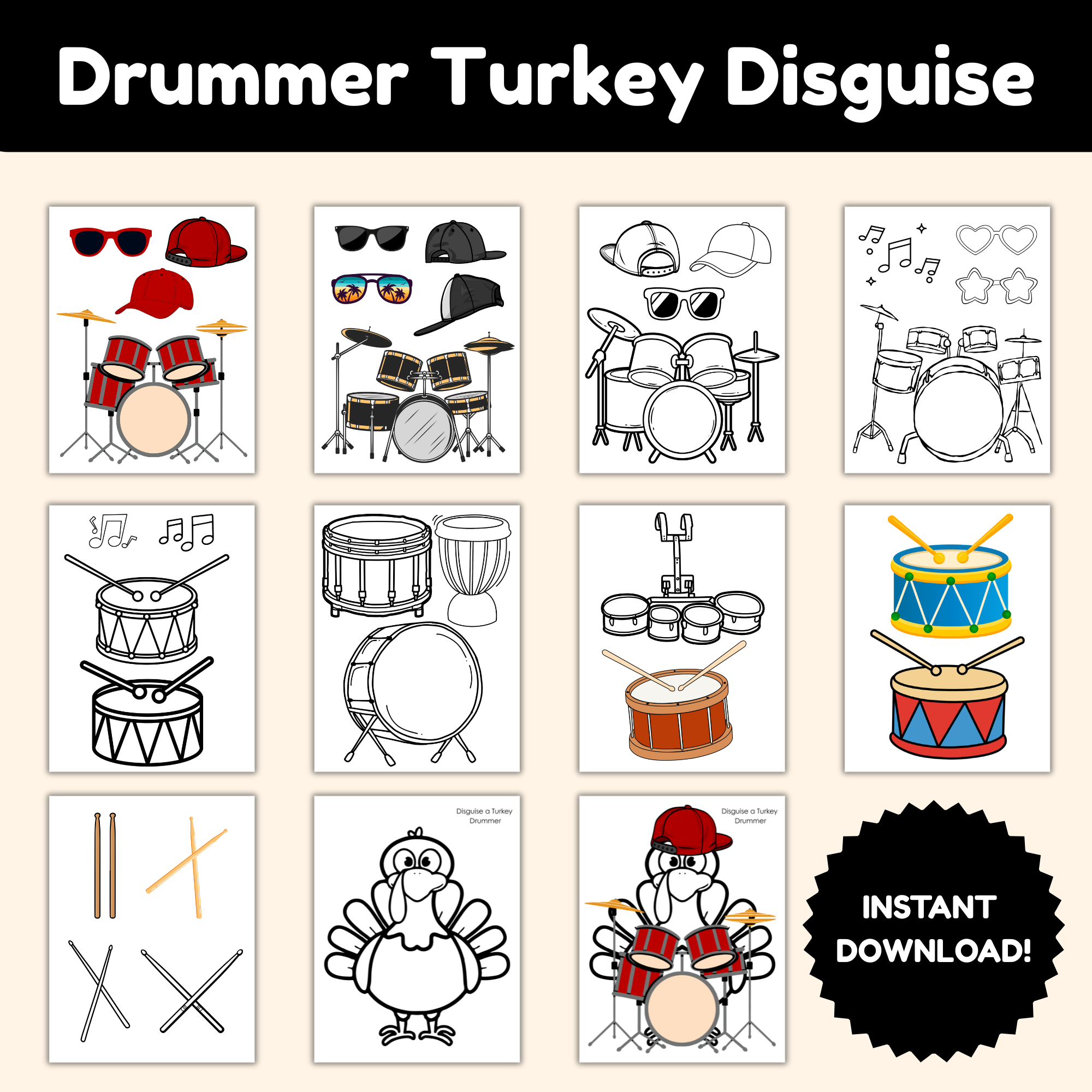 Drummer Turkey Disguise Printable