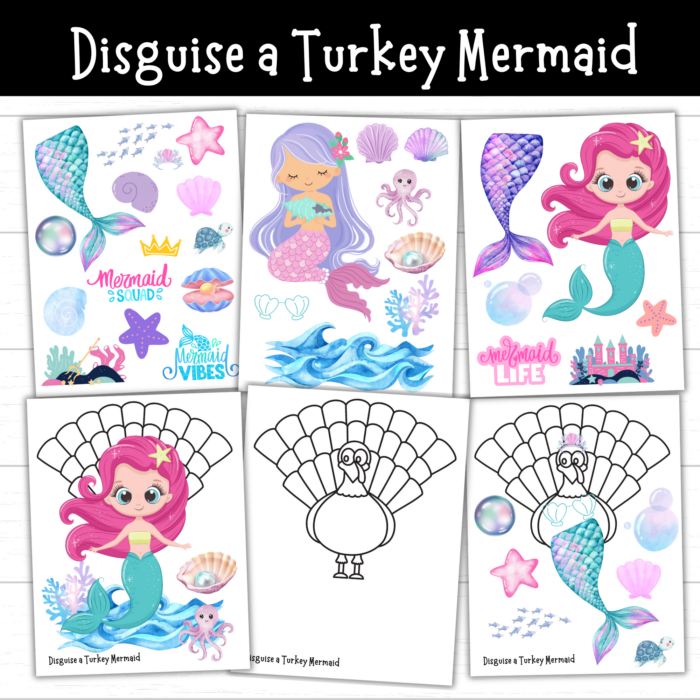 Mermaid turkey disguise printable with colorful mermaid tails, seashells, starfish, ocean waves, pearls, sea creatures, and turkey template.