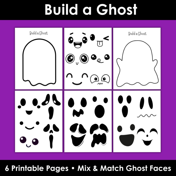 Build a Ghost printable Halloween craft pack featuring 6 black-and-white activity pages with two ghost templates and four pages of mix-and-match ghost eyes, mouths, and facial expressions. Purple Etsy preview background with a bold title and cut-and-paste activity details.