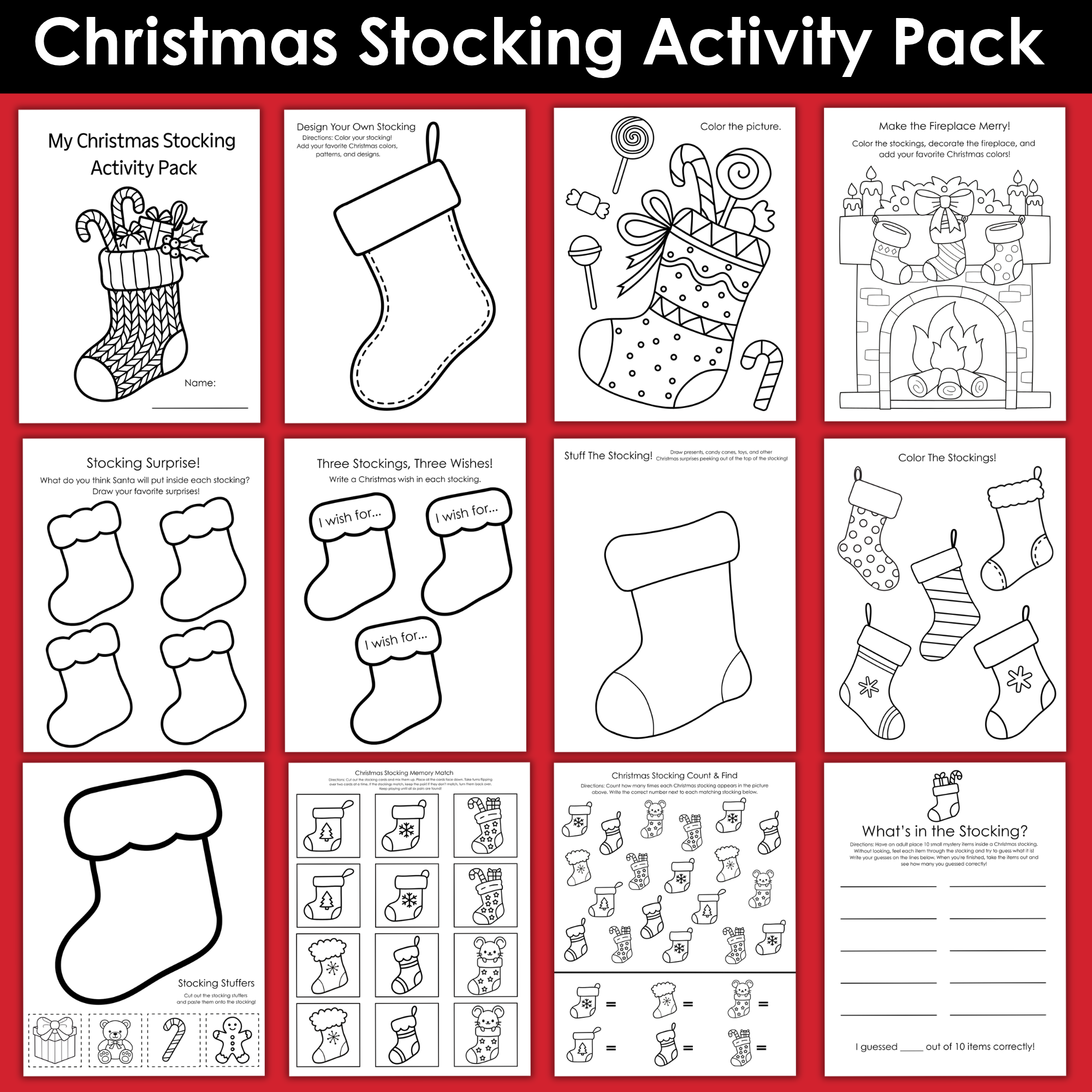 Christmas Stocking Activity Pack for Kids (12 Printable Pages!)