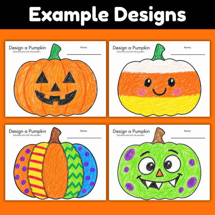 Four colorful examples of a Design a Pumpkin printable activity featuring a jack-o'-lantern, candy corn pumpkin, patterned pumpkin, and green monster pumpkin decorated with crayons.