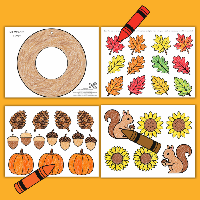 Four-page fall wreath craft printable featuring a wreath template and colorful cut-and-paste decorations, including autumn leaves, pumpkins, pine cones, acorns, sunflowers, and squirrels, displayed on an orange background with crayons.