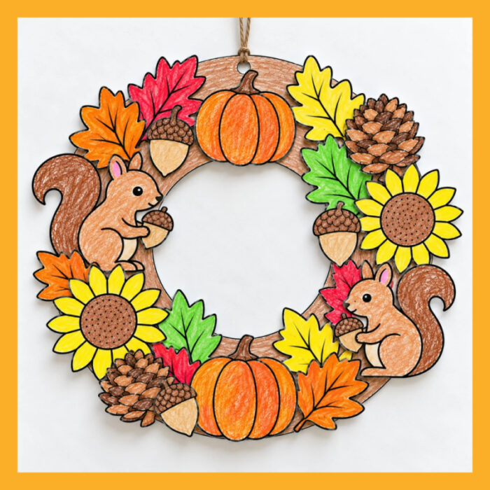 Colorful fall wreath craft made with printable leaves, pumpkins, sunflowers, acorns, pine cones, and squirrels.