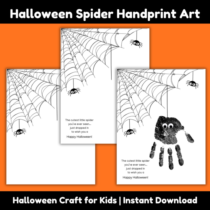 Halloween Spider Handprint Art printable featuring three worksheet previews with spiderwebs, cute spiders, a Halloween poem, and a completed black handprint spider example. A printable Halloween keepsake craft for kids.