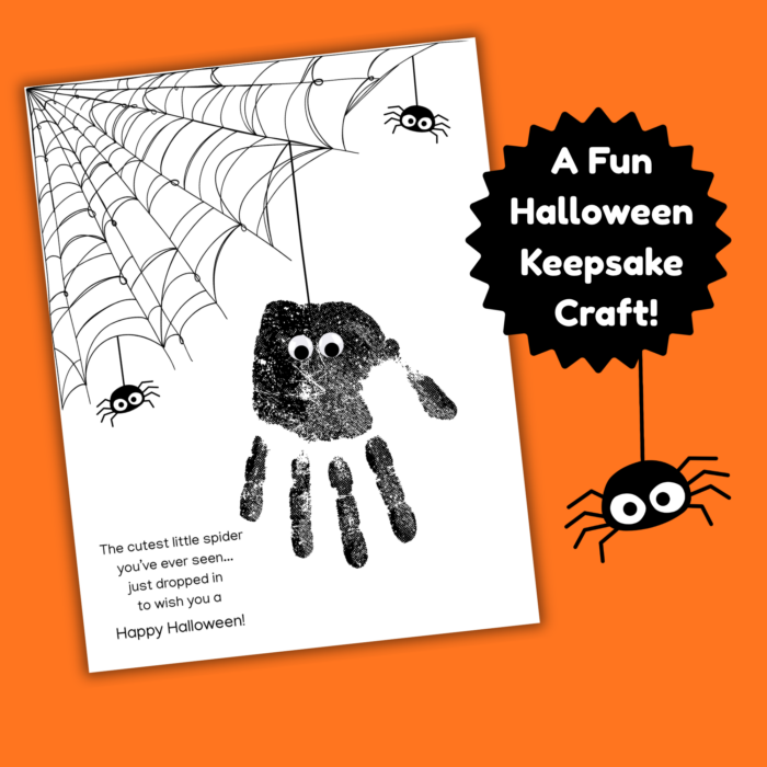 Halloween spider handprint art printable featuring a black handprint spider with googly eyes, spiderwebs, and a Halloween poem. A fun keepsake craft for kids, toddlers, and preschoolers.