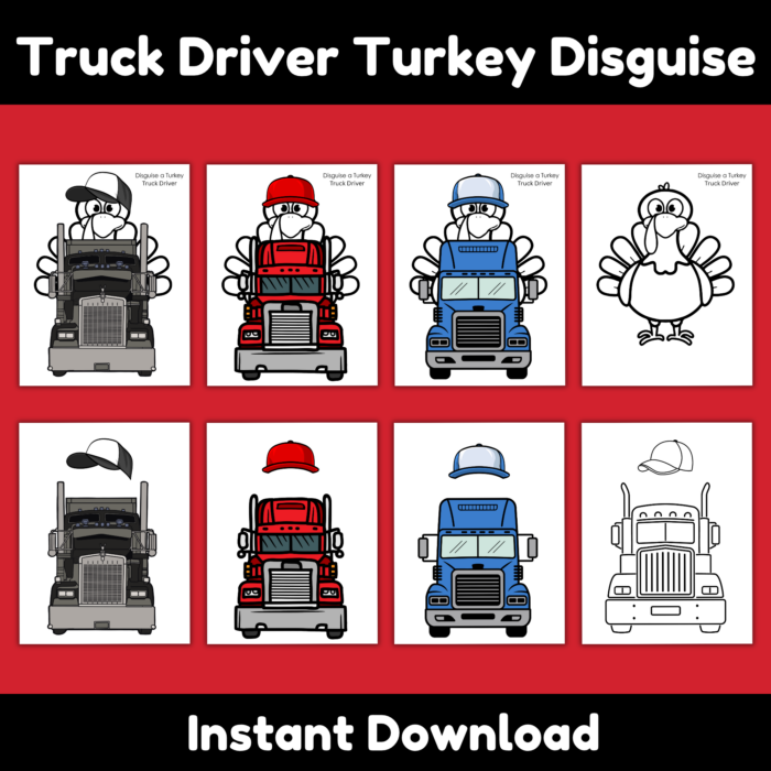 Truck driver turkey disguise printable featuring black, red, and blue semi-trucks, matching driver hats, a blank turkey template, and a black-and-white coloring option for a Thanksgiving cut and paste craft.